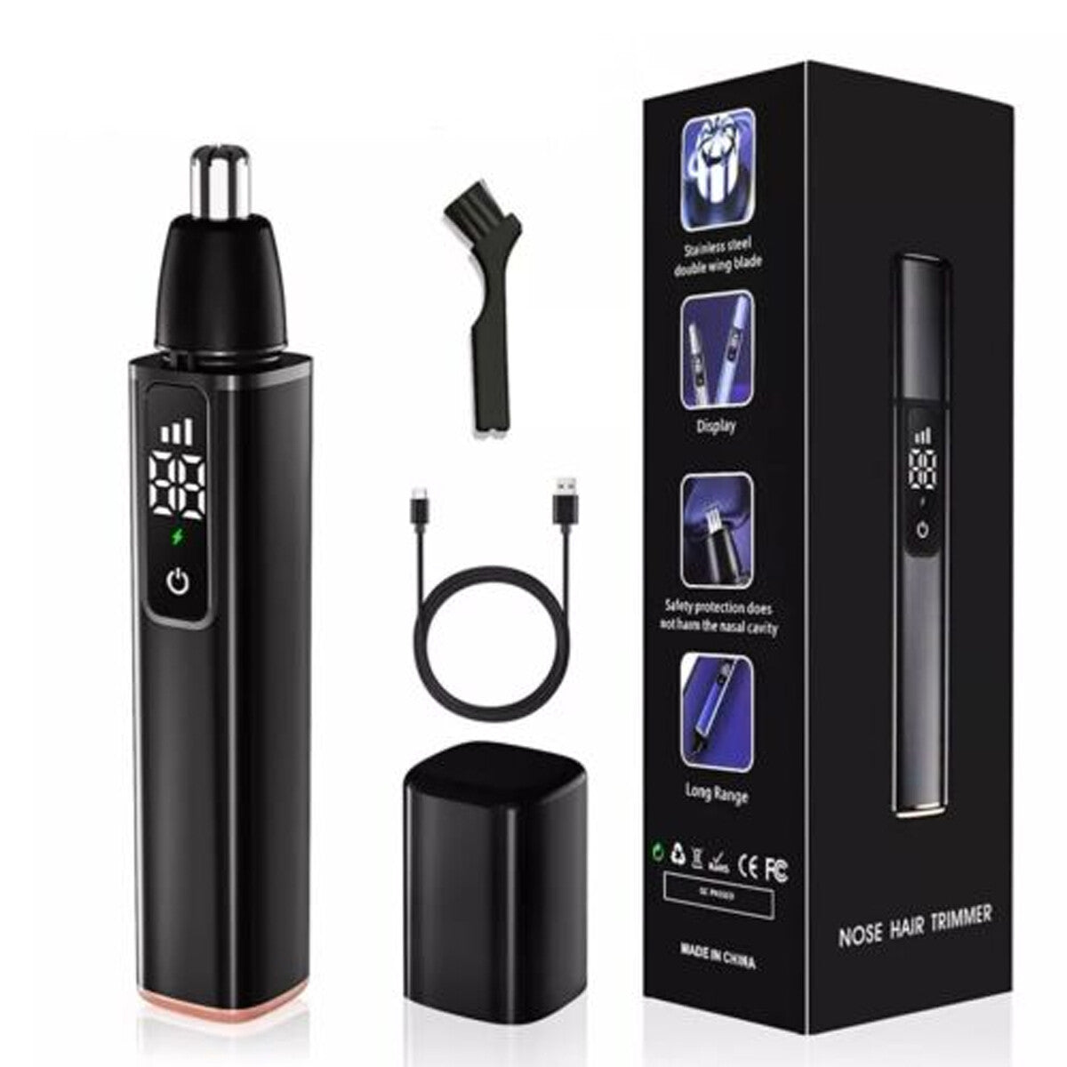 Men's Ear and Nose Hair Trimmer with LED Display, Waterproof USB Rechargeable