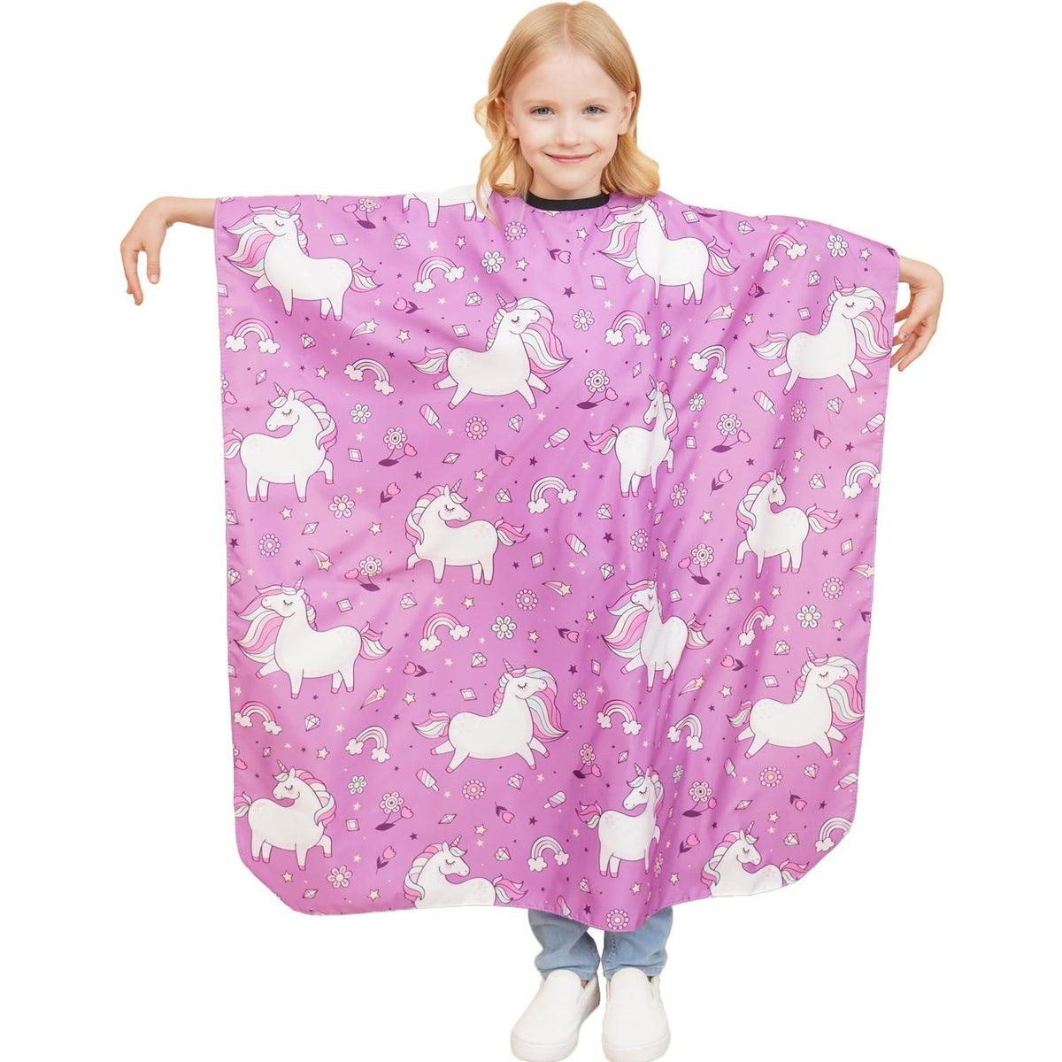 Kids Hair Cutting Cape with Adjustable Neck Strap and Unicorn Pattern - 51 x 36 Inch, Purple