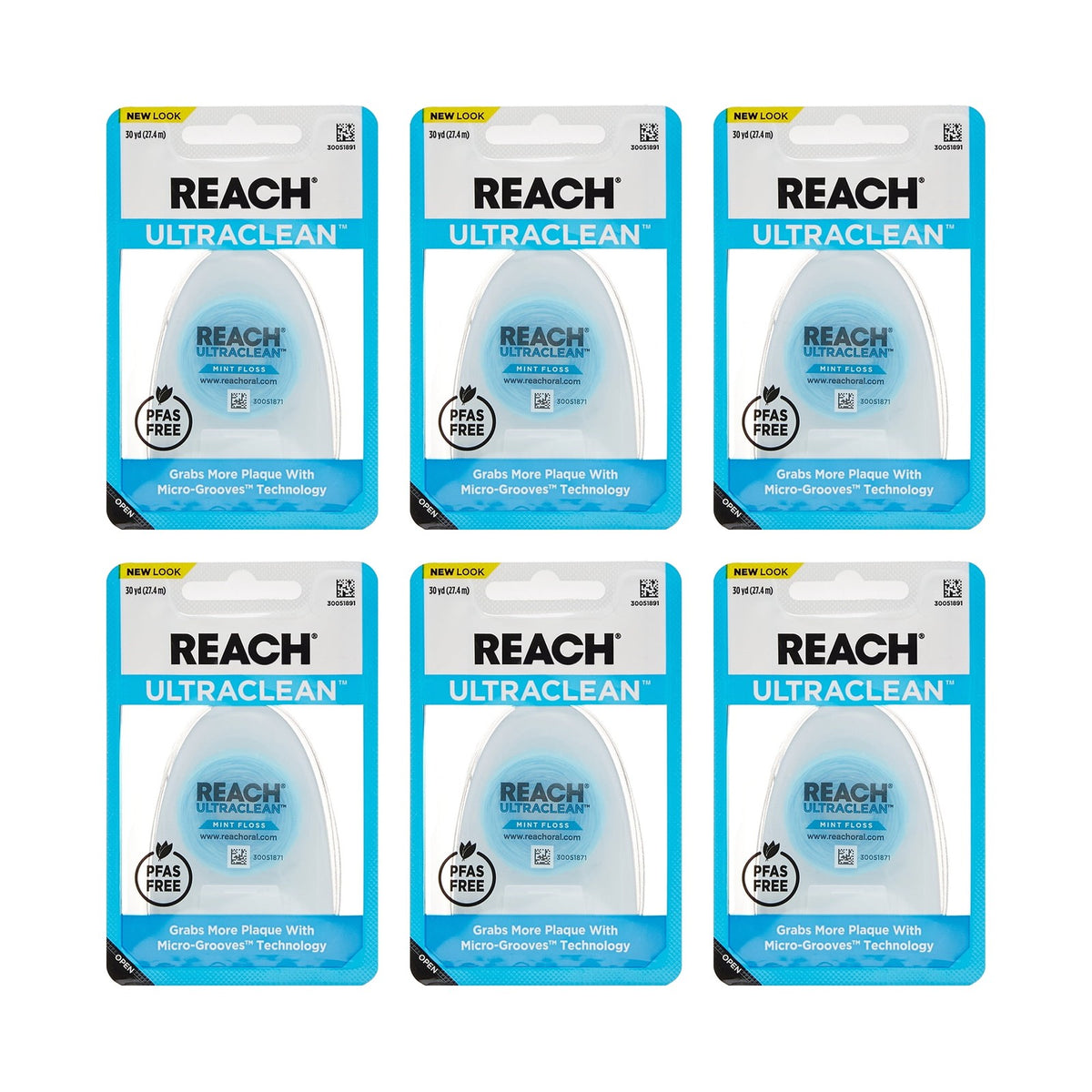 Waxed Dental Floss Pack of 6 - Micro-Grooves, Mint Flavor, 15 Feet