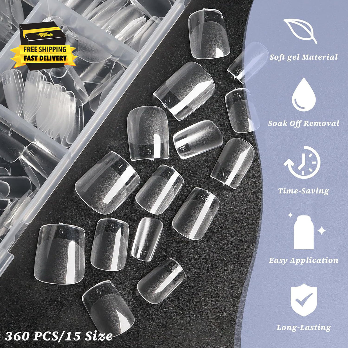 360Pc Short Square Gel Nail Tips - Clear Fake Nails for Nail Extensions