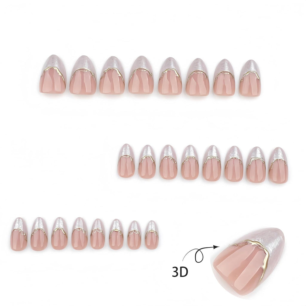 Press-On Nails Almond Nude with Cloudy White French Tip & Gold 3D Design
