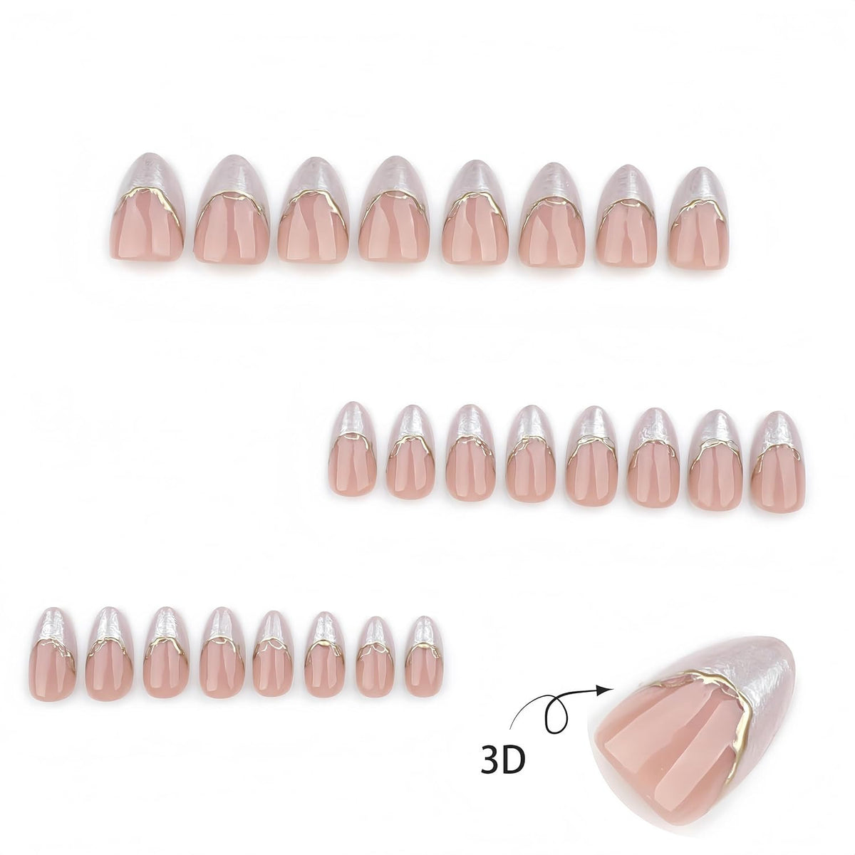 Press-On Nails Almond Nude with Cloudy White French Tip & Gold 3D Design
