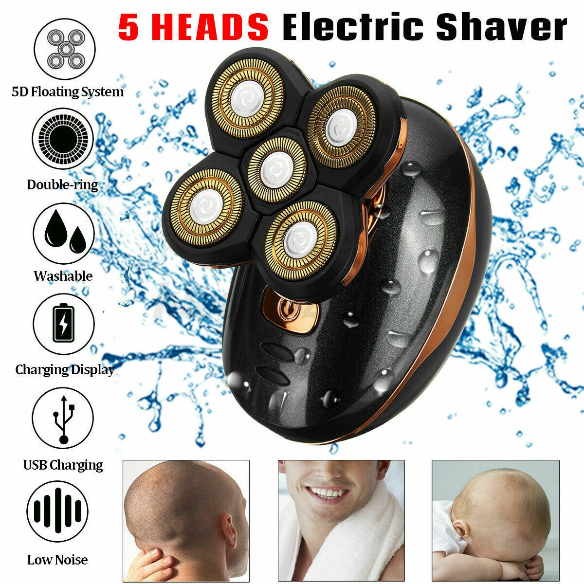 5-in-1 Rotary Electric Shaver for Bald Head Beard Hair Trimming Waterproof