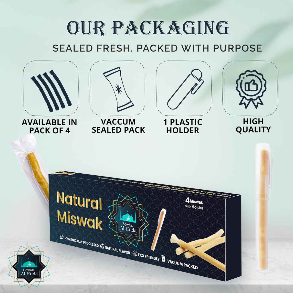 Natural Chewing Miswak Sticks with Holder - Pack of 4, Chemical-Free Oral Care