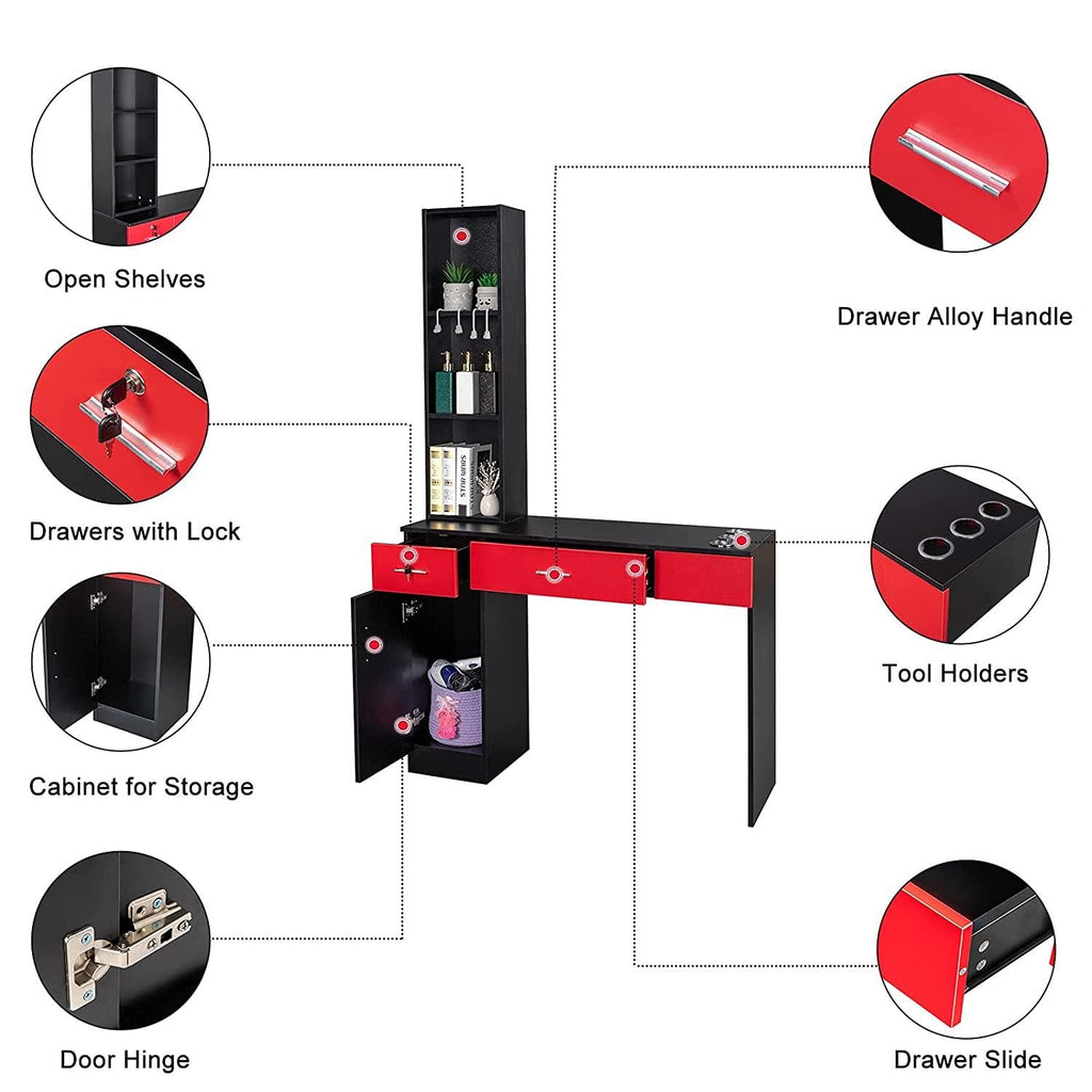 Wall Mount Hair Styling Station Salon Equipment with Storage and Lockable Drawers