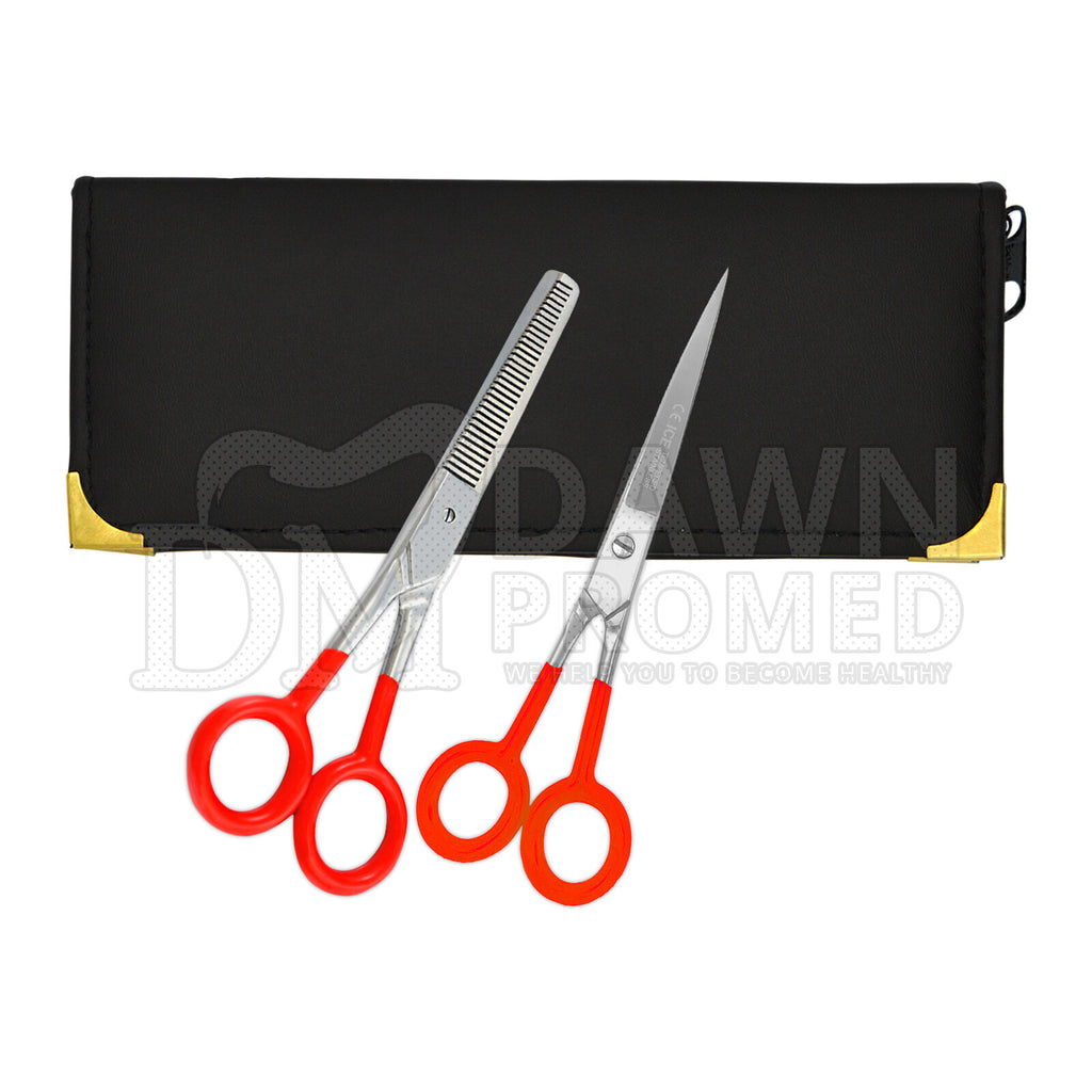 Professional Hair Cutting Shears & Thinning Scissors Set - 7" with Red PVC Handles