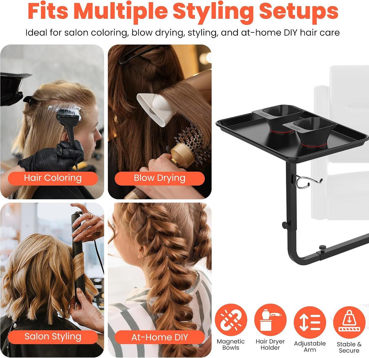 Chair Mounted Hair Tray with Magnetic Bowls and Dryer Holder for Salon & Barber