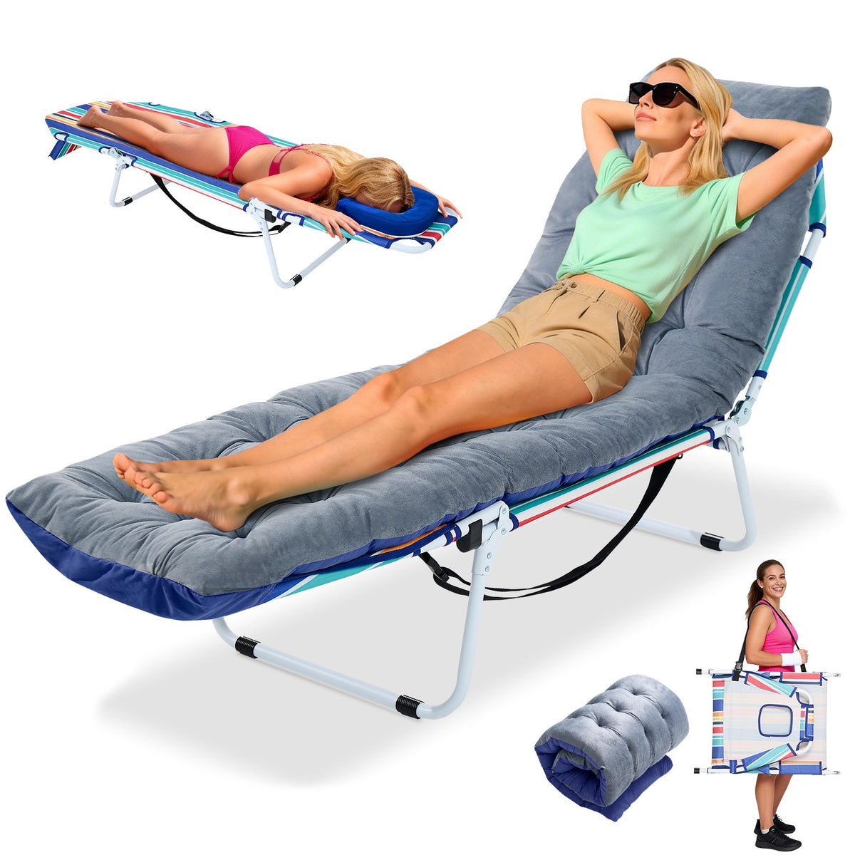 Outdoor Folding Tanning Chair with Face Hole and Mattress, Adjustable Lounger for Sunbathing and Camping