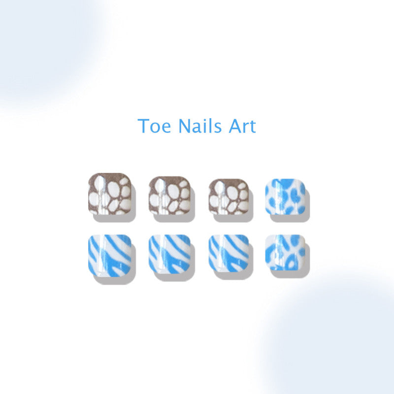 48pcs Short Square Press-On Toe Nails Blue White Leopard Zebra Print