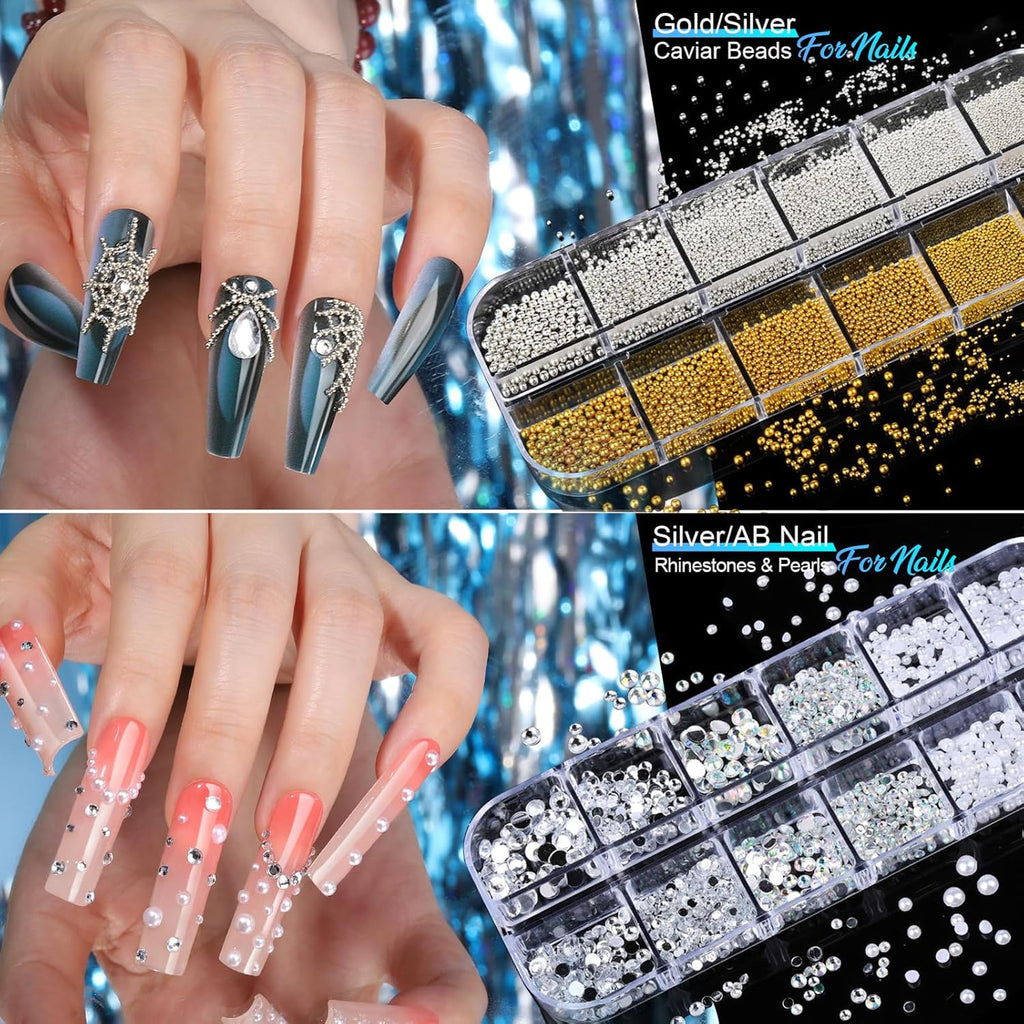 Nail Charms & Stickers Kit with Rhinestones, Pearls, Gold Charms, 20 Sheets