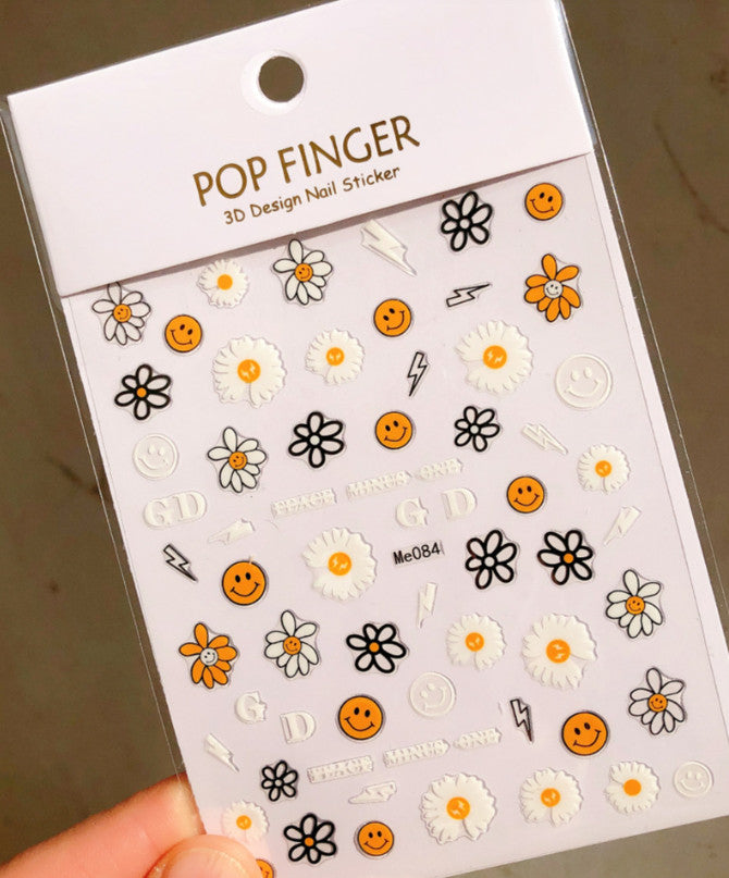 Self-Adhesive Nail Art Stickers Decals Flower Emoji Smile 8 Sheets Variety Pack