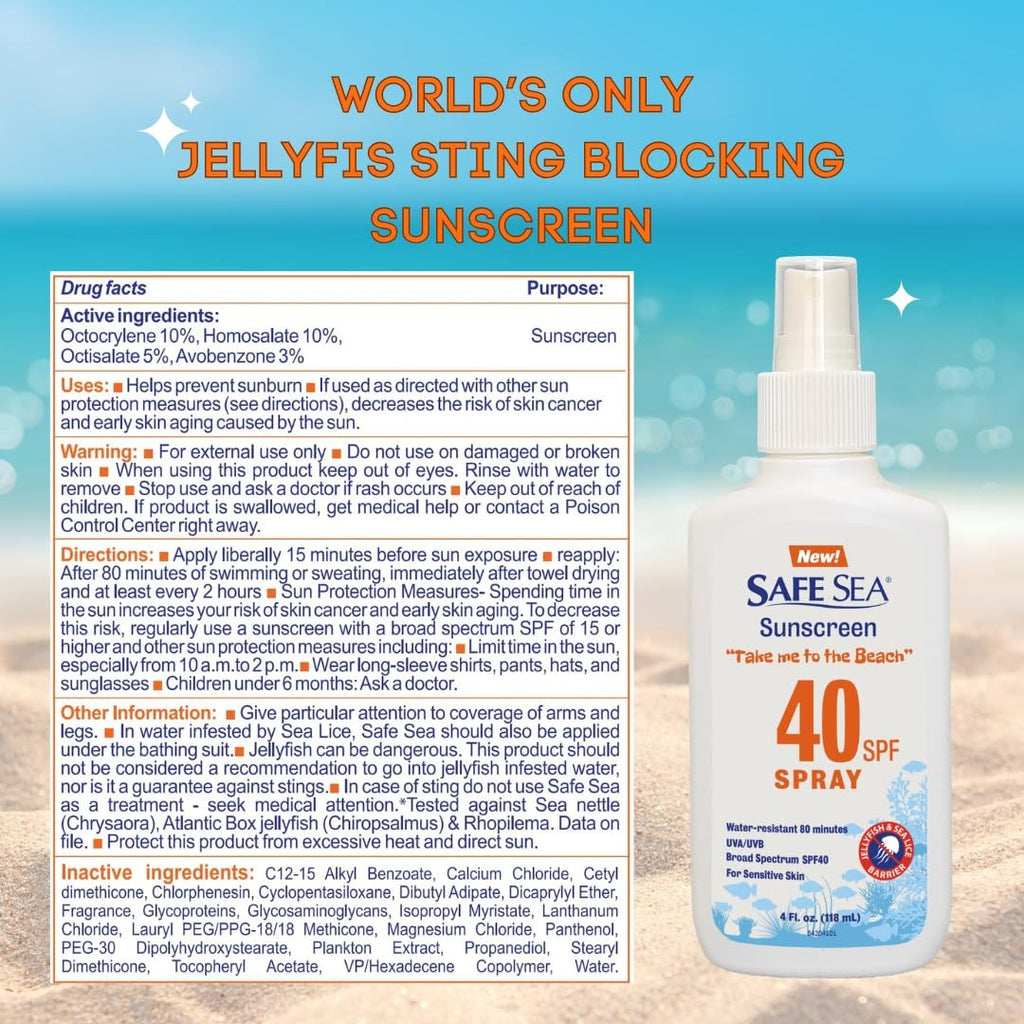 Jellyfish Sting-Blocking Sunscreen SPF 40+ - Reef Safe, Paraben-Free, 4 Fl Oz
