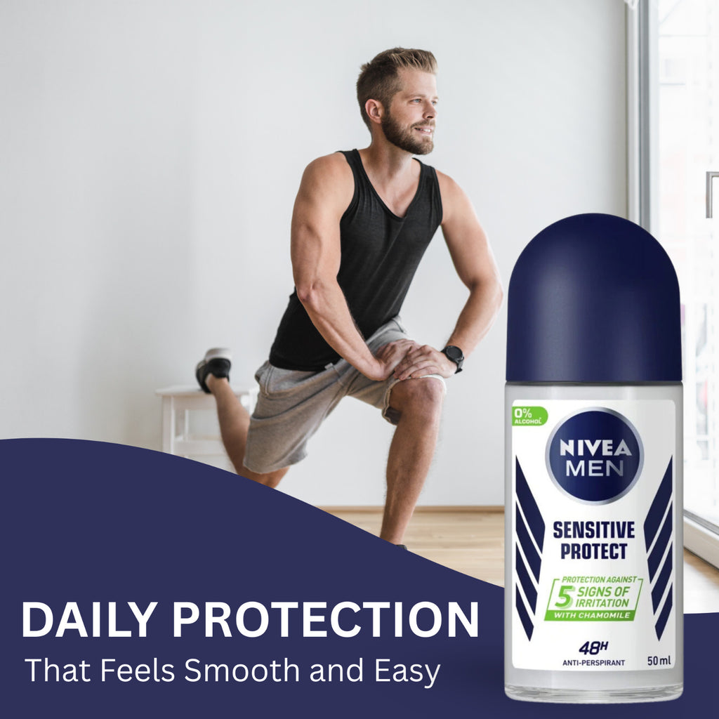 Nivea Men Sensitive Deodorant 48H with Chamomile - Alcohol-Free Roll-On, 6-Pack