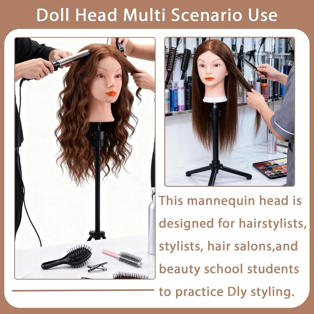 Mannequin Head with 100% Human Hair for Hair Styling Practice - Dark Brown