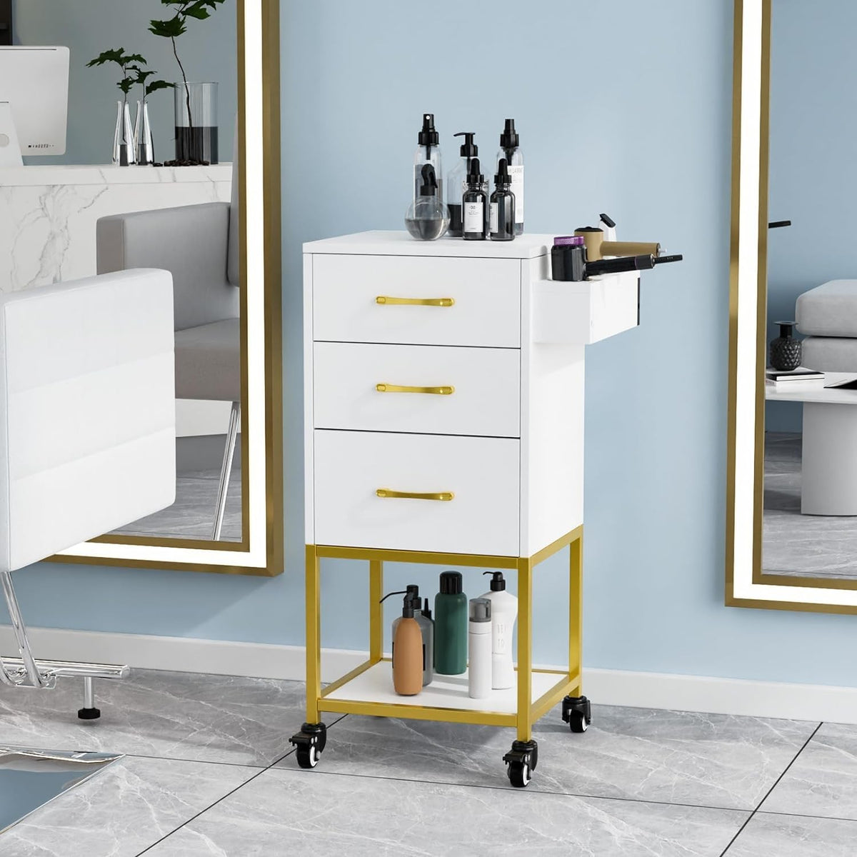 Salon Trolley Cart with 3 Drawers and Heat-Resistant Tool Holders for Stylists