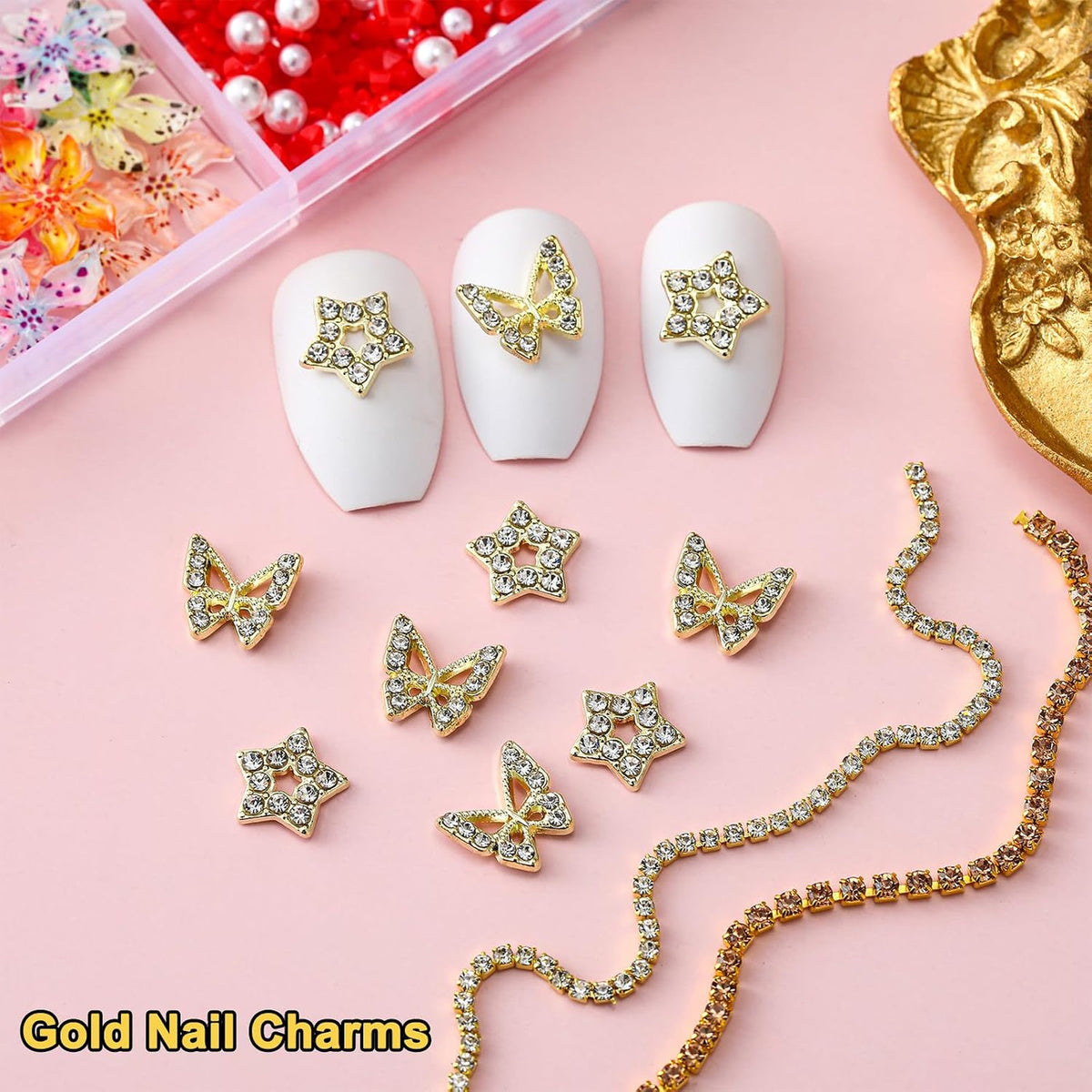 8000Pcs Nail Charms and Gems Set for Nail Art DIY Crafts - Butterfly, Star, Moon, Flowers, Bows, Gold Finish