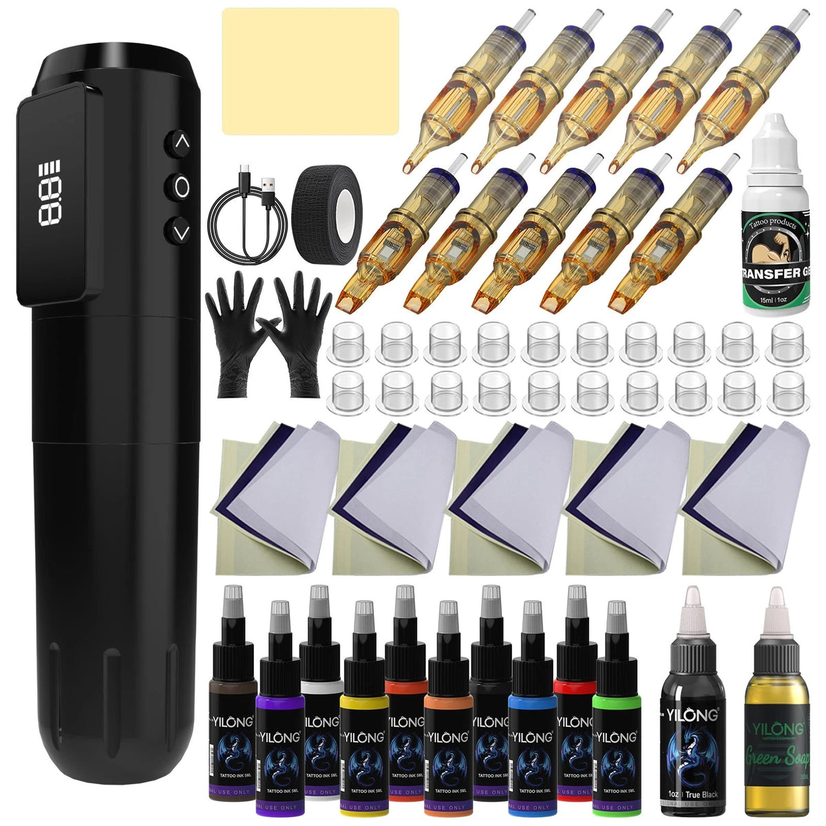 Rotary Tattoo Pen Kit with Power Supply, Cartridges & Practice Skin