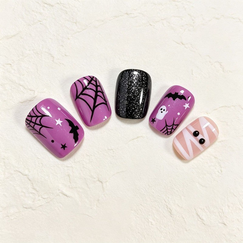 48P Short Square Press-On Nails Halloween Purple Glitter Ghost & Mummy Fake Nails