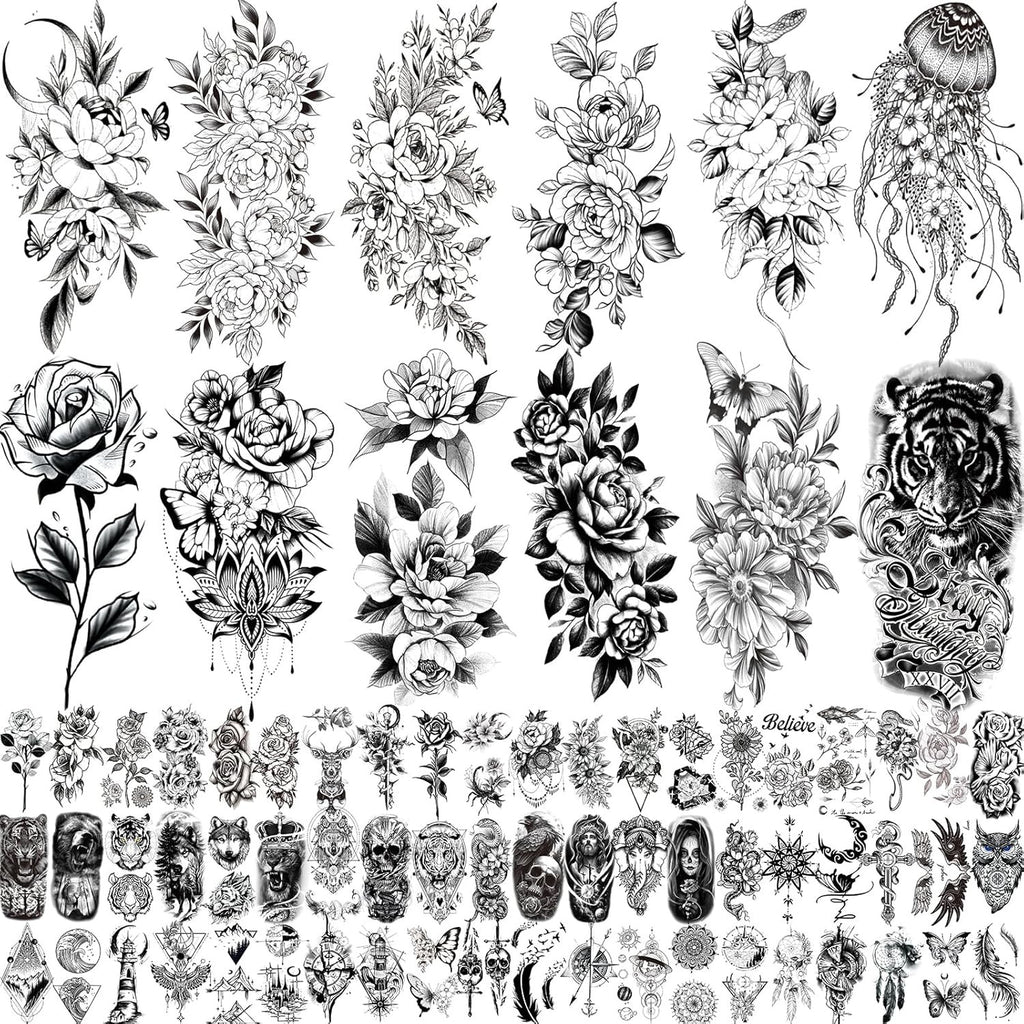 82 Sheets Temporary Tattoos for Women and Teens – Large Flower Sets 7.5x3.8 in and 2.4x4.1 in