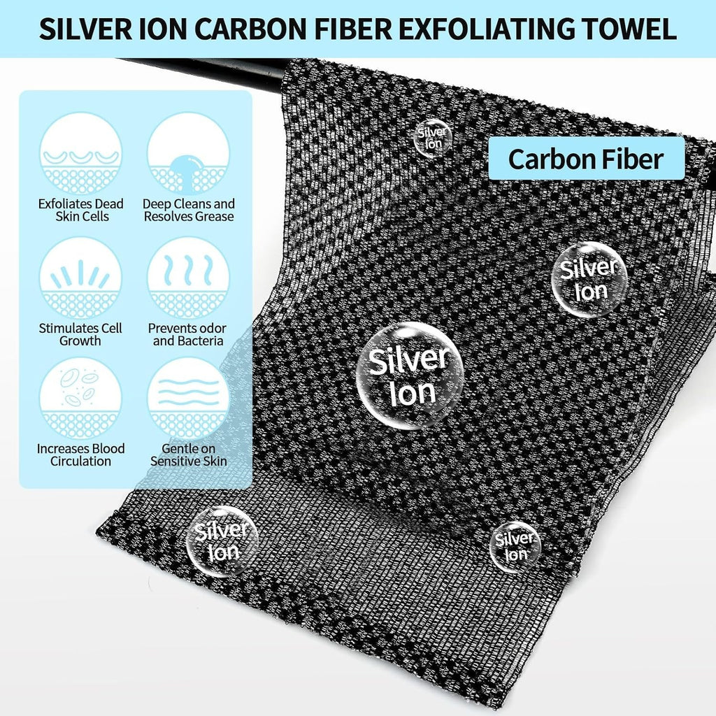 Exfoliating Shower Washcloths - Dual-Side Body Scrubber with Silver Ions & Carbon Fiber, Long Reach & Quick Dry