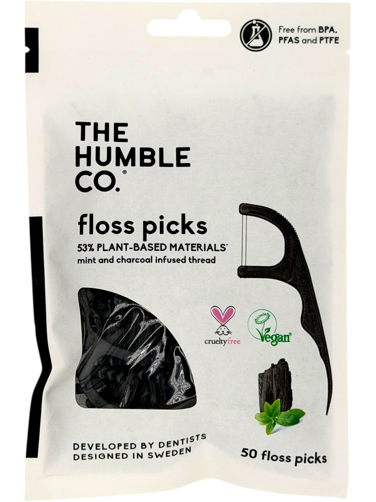 Plant-Based Charcoal Mint Dental Floss Picks - Double Thread, Eco-Friendly, 50 Count