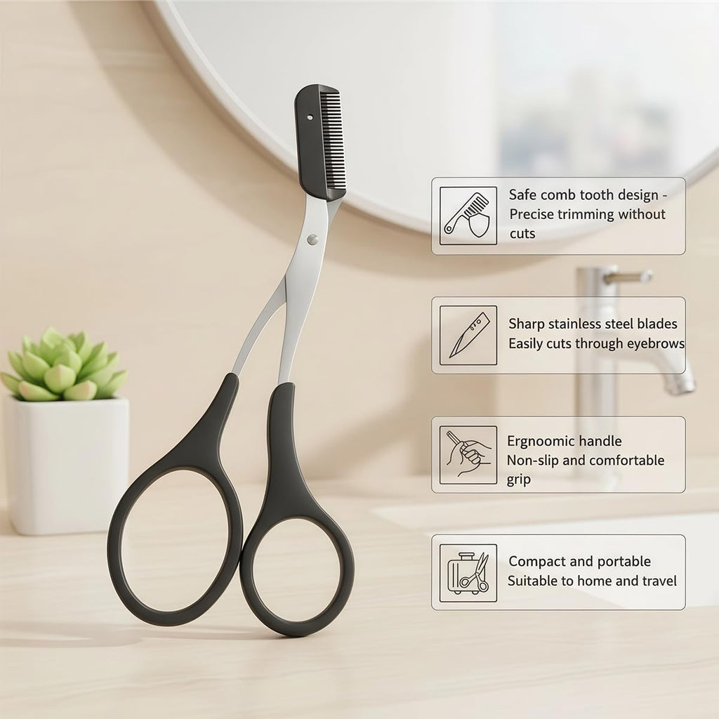 Eyebrow Trimmer Scissors with Comb & Non-Slip Grip - Stainless Steel Grooming Kit