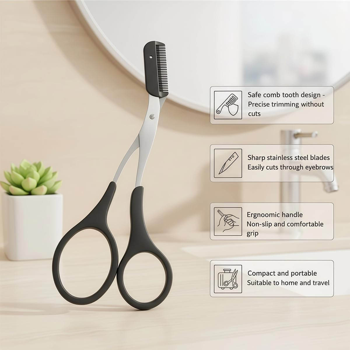 Eyebrow Trimmer Scissors with Comb & Non-Slip Grip - Stainless Steel Grooming Kit