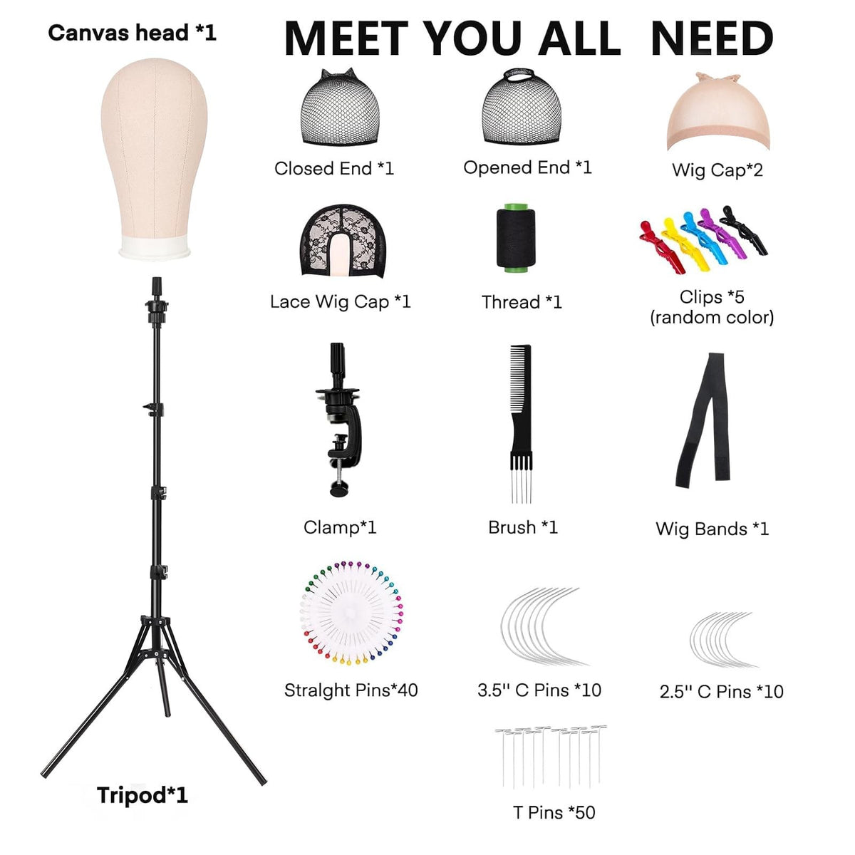 Adjustable 63-Inch Wig Stand Tripod with Mannequin Head for Wig Styling
