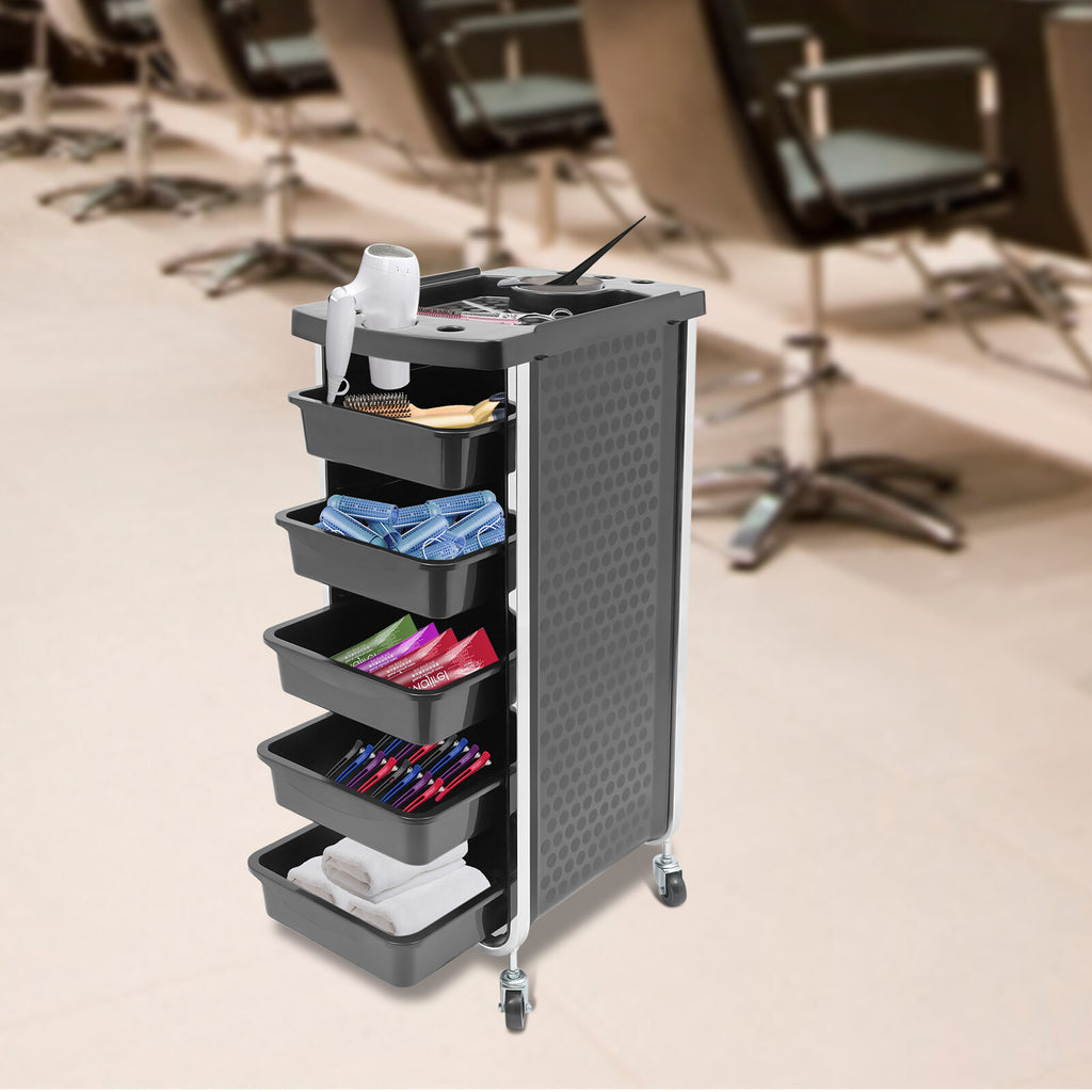 Salon Trolley Cart with 5 Drawers and Dryer Holder - Black Professional Organizer
