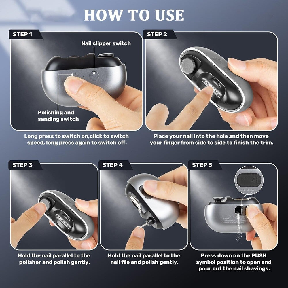 Electric Nail Clipper 3-in-1 Multi-Functional Manicure Tool with LED Light