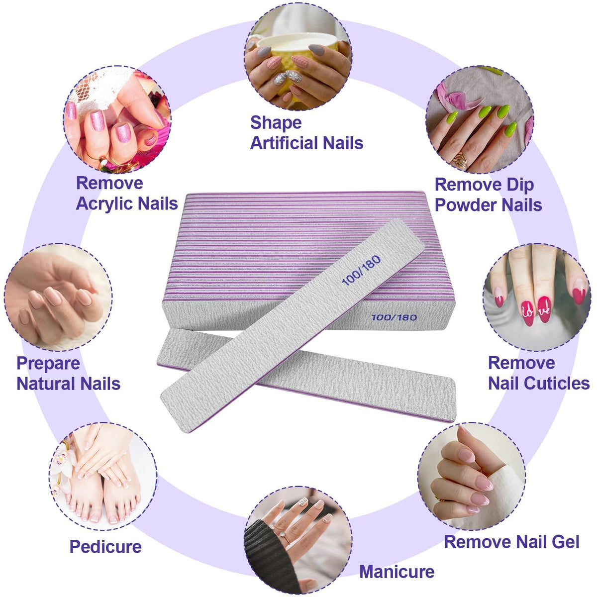 Professional Double-Sided Nail Files 100/180 Grit for Natural & Acrylic Nails