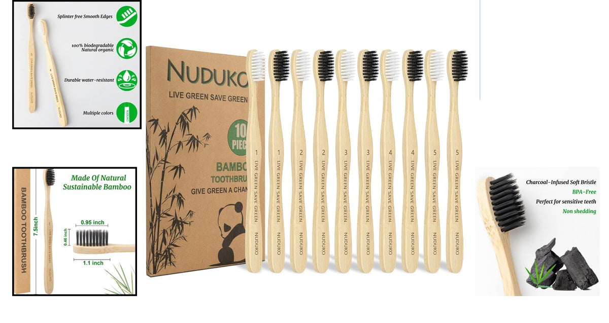 Eco-Friendly Bamboo Toothbrushes Pack of 10 with Charcoal Soft Bristles