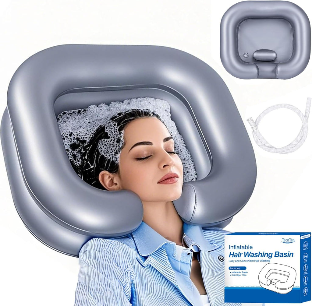 Inflatable Hair Washing Basin with Drain Tube - Portable Silver