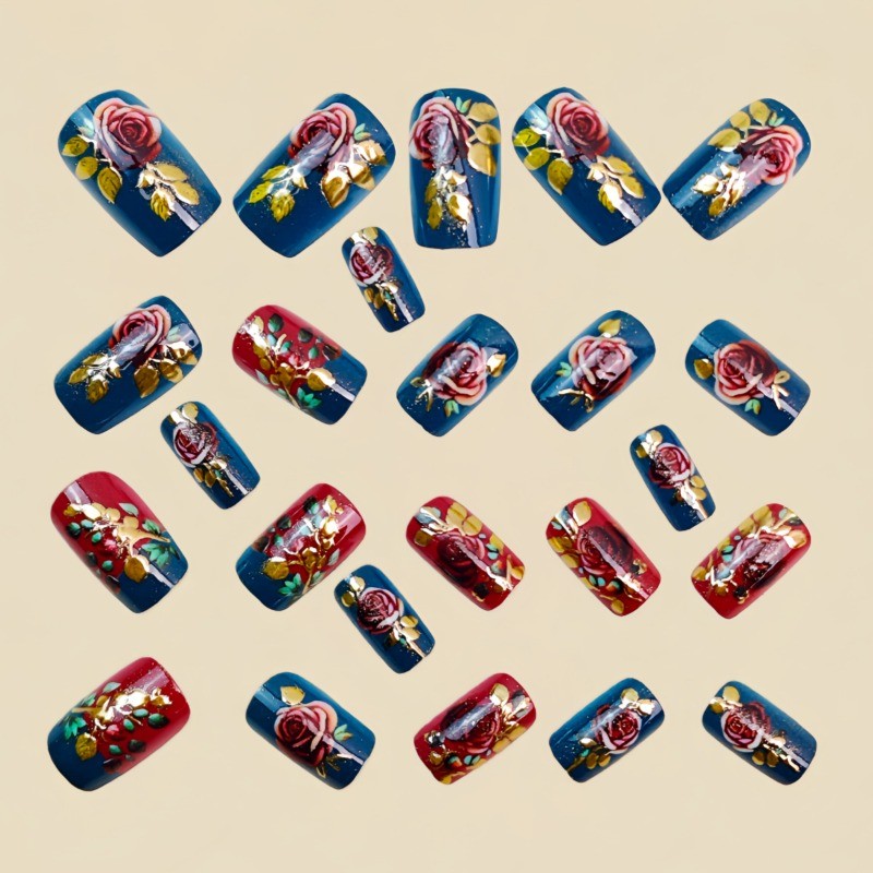 48Pcs Short Square Press-On Nails Set - Teal Burgundy Rose Gold