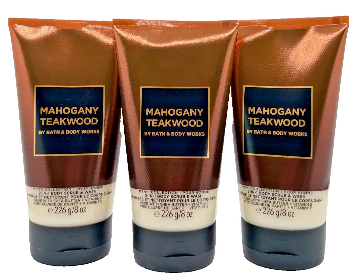 Bath & Body Works Mahogany Teakwood 2-in-1 Body Scrub & Wash Set - 3 Tubes 8 oz