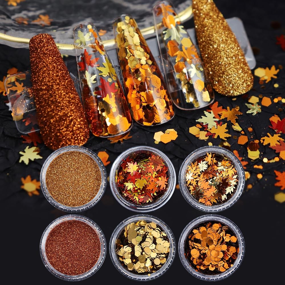 Fall Leaves Nail Art Glitter Set - 6 Boxes Gold Red Yellow Sequins for Nails
