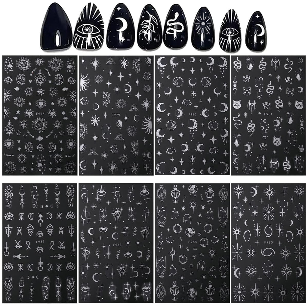 Metallic Nail Art Stickers Decals Silver Moon Sun Star 8 Sheets