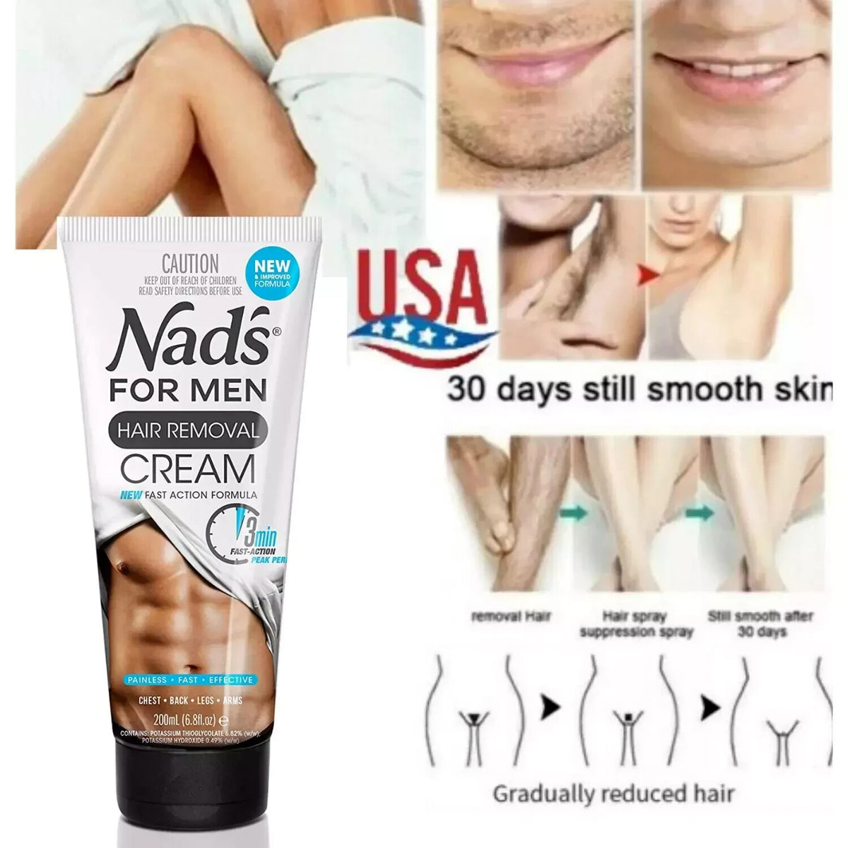 Men's Hair Removal Cream for Body and Face - Painless, Fast-Acting, Long-Lasting