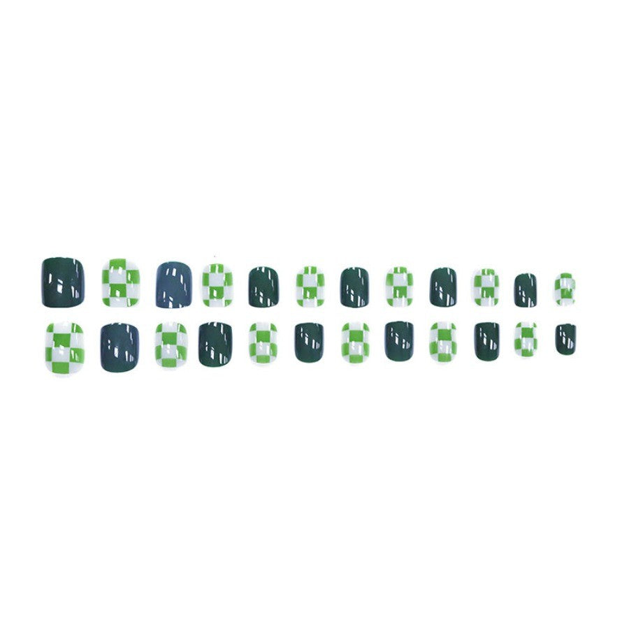48P Olive Green Short Square Press-On Nails with Plaid Design - Minimal Daily Fake Nails
