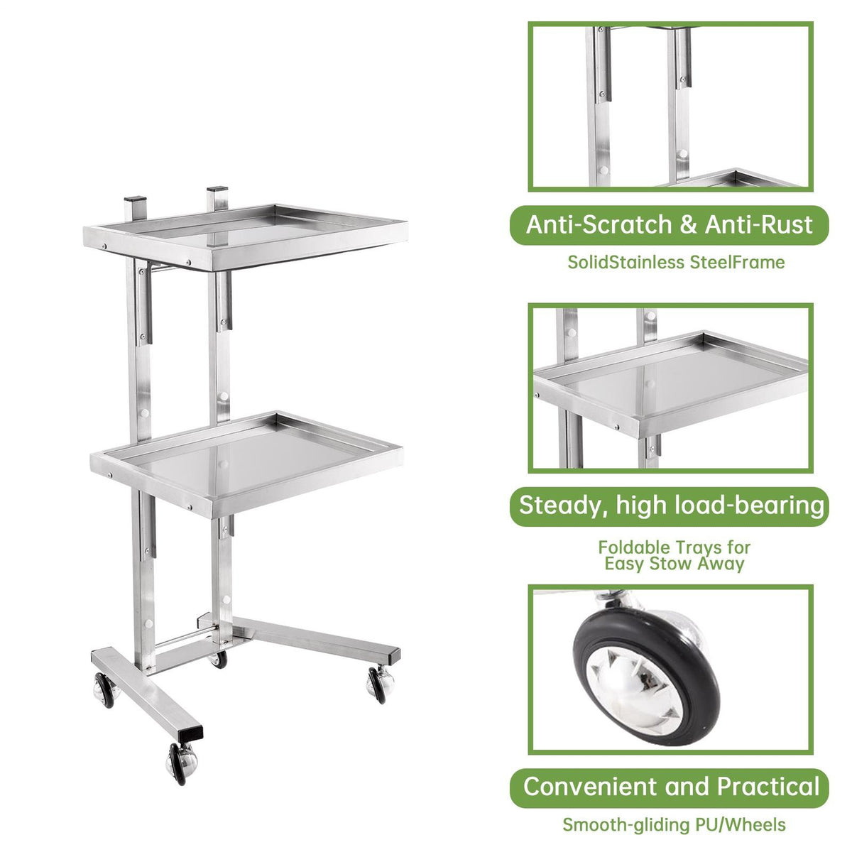 Stainless Steel Salon Rolling Utility Cart with Double-Layer Trays