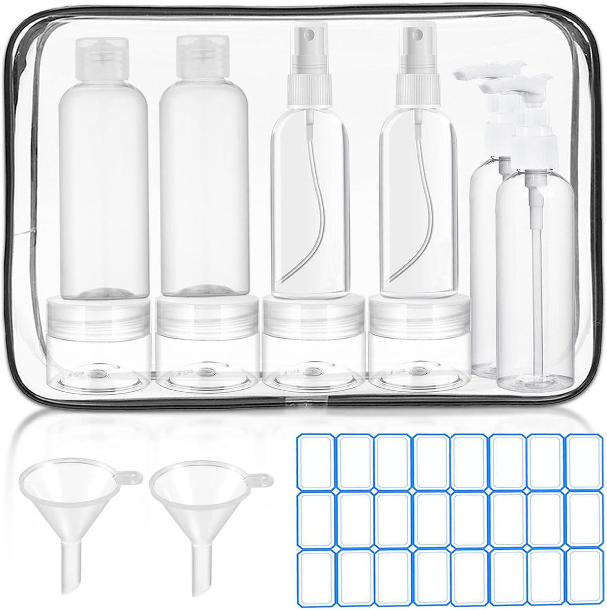 Travel Bottles Set TSA Approved Leakproof Toiletry Kit with Bag & Funnels
