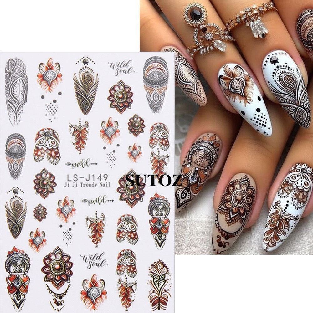 4 Sheets Nail Art Retro Bohemian Flower Stickers - Self Adhesive DIY Nail Decals