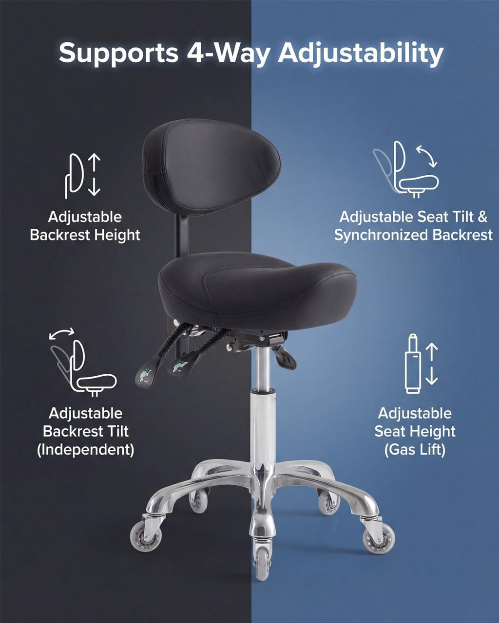 Black Hydraulic Saddle Stool with Backrest for Salon, Office & Spa