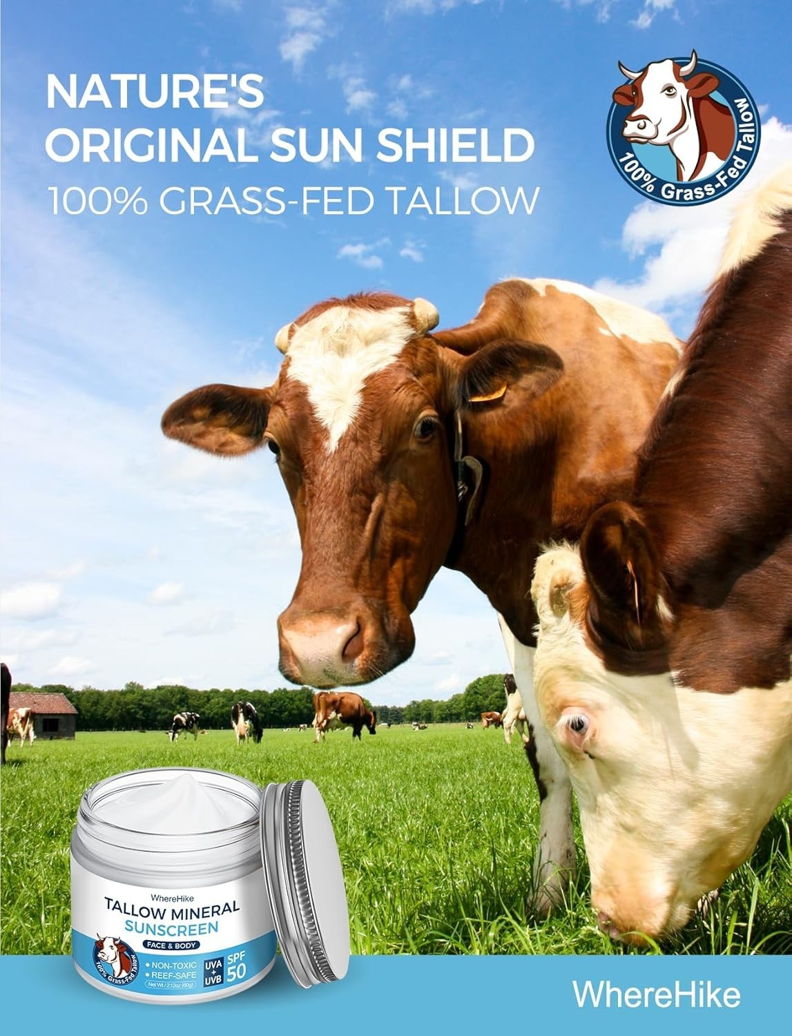 Organic Beef Tallow Sunscreen SPF 50 with Zinc Oxide Non-Toxic Moisturizer